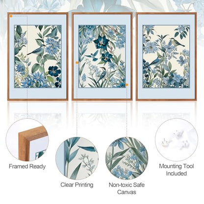 Aurlan 3 Pcs Blue Birds Flowers Framed Canvas Wall Art 16x24 Inch - color: Blue Birds on Botanical, size: 16"L x 24"W