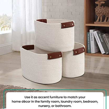 3 Pack Woven Cotton Rope Storage Basket, 15x10x9, Cream - color: Cream