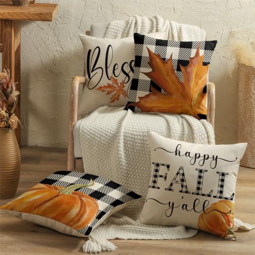 Fall Pillow Covers 16x16 Thanksgiving Farmhouse Decorations Buffalo Plaid Pumpkin Maple Leaf Outdoor Fall Decor Throw Pillow Covers Blessed Autumn Harvest Cushion Case for Sofa Couch Set of 4 - size: 16" x 16" (Pack of 4)