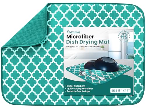 Dish Drying Mat for Kitchen Counter, Large 18 x 14 Absorbent Microfiber Pad - color: Teal Green Trellis