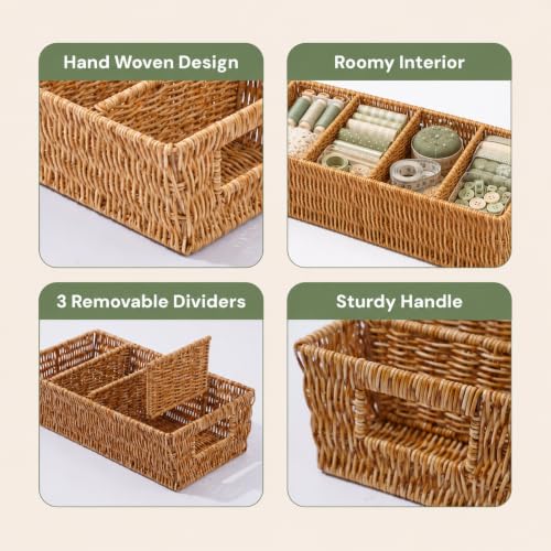 2PCS Rattan Pantry Organizer Baskets with Removable Dividers
