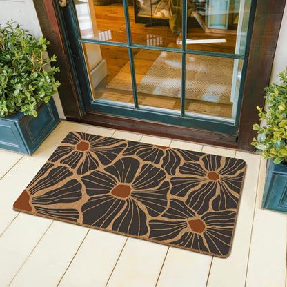 Boho Abstract Floral Door Mat,Mid Century Modern Black Flower Front Door Mat Rug Outdoor Indoor Entrance, Retro Bohemian Botancial Artificial Coir Doormat for Porch Patio, 30x17 Inch