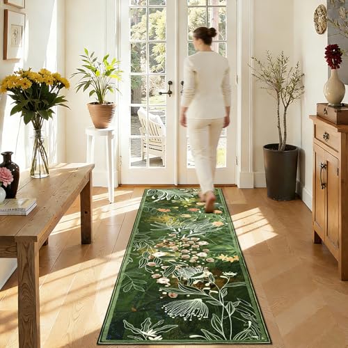 Yinhua Washable Runner Rugs for Hallway, Dark Green Botanical Area Rugs - size: 2' x 7' (Runner)