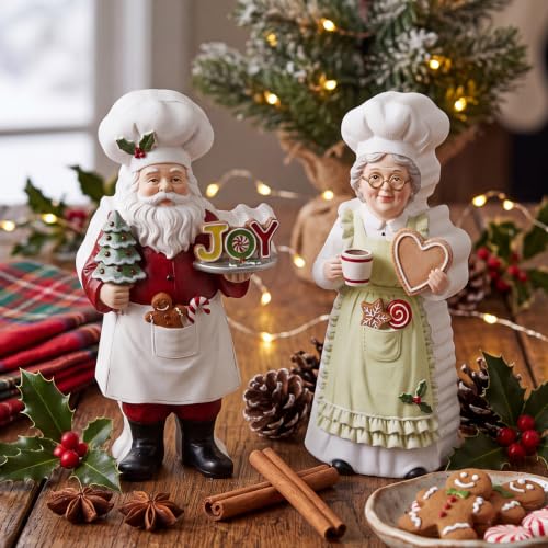 Yuntau 2 Pcs Chef Santa & Mrs. Claus Christmas Figurines Decor Wooden Christmas Chef Santa Statues Table Ornament Holiday Xmas Decor Gift for Kitchen Mantel Home Decoration Party Supplies Decoration - style: Chef Santa