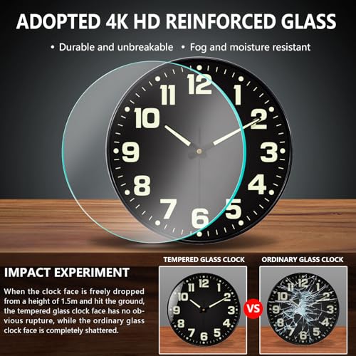 Glow in The Dark Wall Clock, 8" Silent Non-Ticking Wall Clocks Battery Operated, Large Easy Read Numbers Tempered Glass Night Light Analog Clock for Bedroom Living Room Kitchen Office, Black - color: Black Green, size: 8 Inch