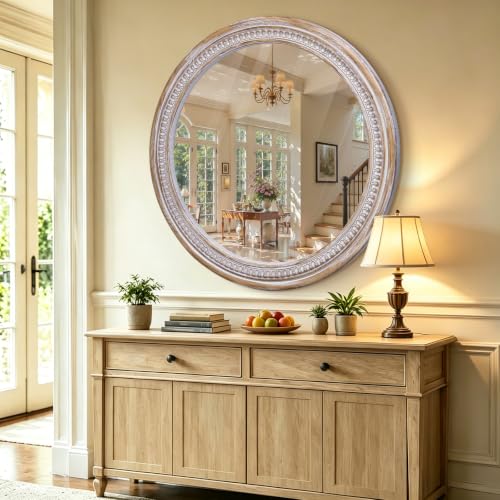 36 Inch Large Round Wood Mirror, Rustic Farmhouse Circle Mirrors for Wall - color: C - 36 in