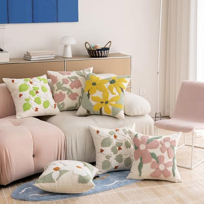 Chenille Embroidered Throw Pillow Covers 18x18 Set of 2, Daisy - color: Pink, size: 18" x 18" (Pack of 2)