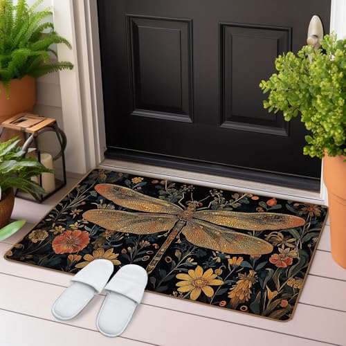 Dragonfly Decor Floral Door Mat, Dragonfly Vintage Gifts for Women Welcome Mat, Retro Vintage Dragon Fly Decor Front DoorMats Indoor Outside Entryway, Rustic Dragonflies Decor 17X29 Inch - color: Dragonfly