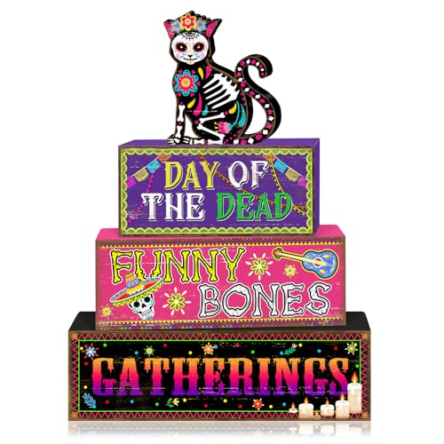 Britimes Halloween Tiered Tray Decor Set, 4 Pack, Wooden Table Sign - style: Day of The Dead