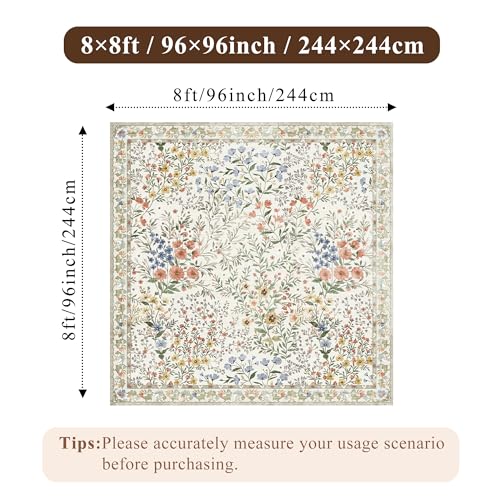 8x8 Square Area Rug Living Room, Non-Slip Floral Washable 8ft Square Rug Low Pile Thin Indoor Carpets for Dining Room Bedroom Office High Traffic Area Boho Vintage Home Decor (8ft Square, Beige) - color: Beige, size: 8x8