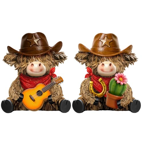 2 Pcs Resin Highland Cow Figurines Decor, Western Cowboy Style - style: Cowboy