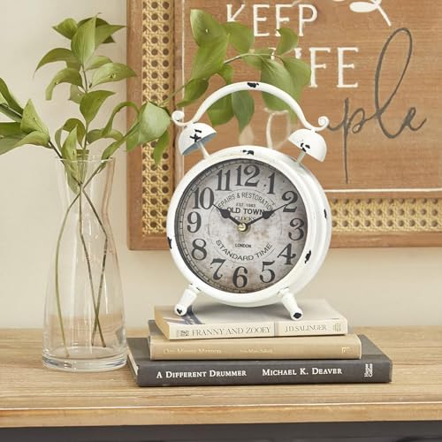 Vintage White Desk Clock with Distressed Finish, Rustic Farmhouse Table Clock, Silent Non-Ticking Mantel Clock for Bedroom, Living Room, or Shelf, Battery Operated - color: White