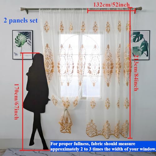 Amidoudou Rod Pocket Curtains European Luxury Sheer Embroidered Window Screening for Living Room Bedroom Tulle Curtains (Gold,52" W x 84" L (Pack of 2)) - color: Gold, size: 52"W x 84"L (Pack of 2)