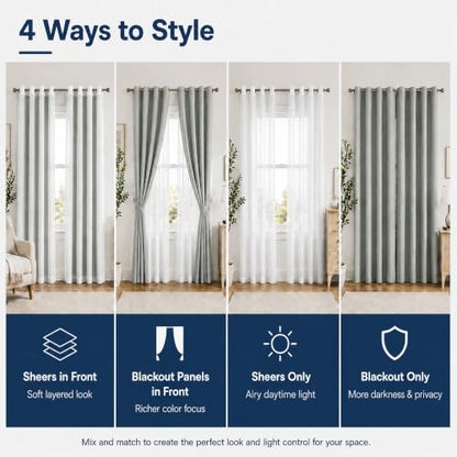 Layered Window Treatments Curtains for Bedroom, Living Room, 4 Panel Set - color: Grey, size: 37"W x 84"L (Pack of 4)