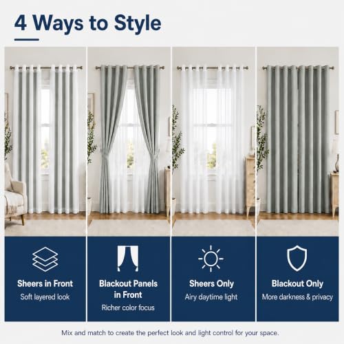 Layered Window Treatments Curtains for Bedroom, Living Room, 4 Panel Set - color: Grey, size: 37"W x 63"L (Pack of 4)