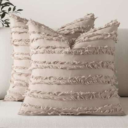 MIULEE Boho Linen Striped Throw Pillow Covers 18x18, Beige - color: Beige, size: 18" x 18" (Pack of 2)