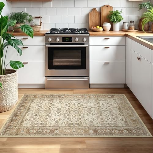 SIILOOM 3x5 Washable Area Rug Non Slip Door Mat Indoor for Entryway Bedside - color: Beige/Brown, size: 3' x 5' (Rectangular)