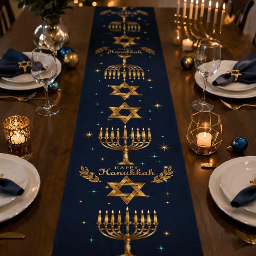 Hanukkah Decorations - Navy Blue Gold Hanukkah Table Runner - color: Navy Blue