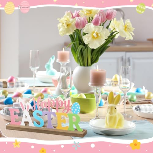 MiniInflat Happy Easter Metal Sign Rustic Table Decor Holiday Tiered Tray Decor with Wooden Base Freestanding Metal Word Sign for Home Tabletop Centerpiece Mantel Shelf Fireplace - style: Happy Easter