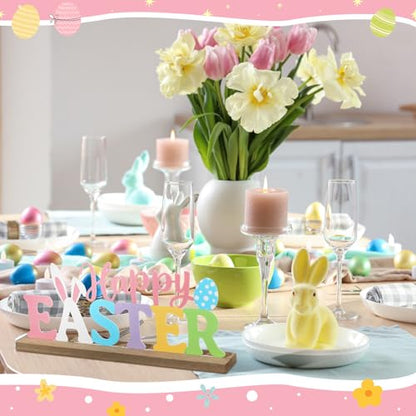 MiniInflat Happy Easter Metal Sign Rustic Table Decor Holiday Tiered Tray Decor with Wooden Base Freestanding Metal Word Sign for Home Tabletop Centerpiece Mantel Shelf Fireplace - style: Happy Easter