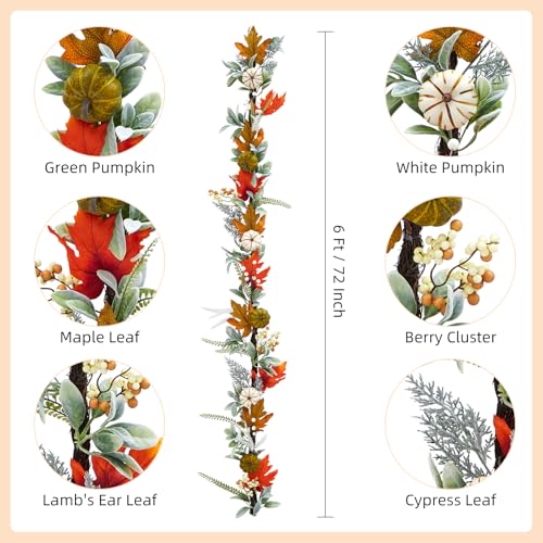 GarveeHome Fall Garland for Mantel, 6 ft Autumn Pumpkin Garland with Maple Leaves for Table Centerpiece Fall Thanksgiving Decorations Indoor Outdoor Fireplace Home Decor