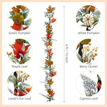GarveeHome Fall Garland for Mantel, 6 ft Autumn Pumpkin Garland with Maple Leaves for Table Centerpiece Fall Thanksgiving Decorations Indoor Outdoor Fireplace Home Decor