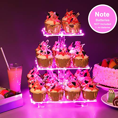 YestBuy 3 Tier Cupcake Stand with Pink Light, Cupcake Tower for 24 Cupcakes - color: Pink, size: 3 Tier Square