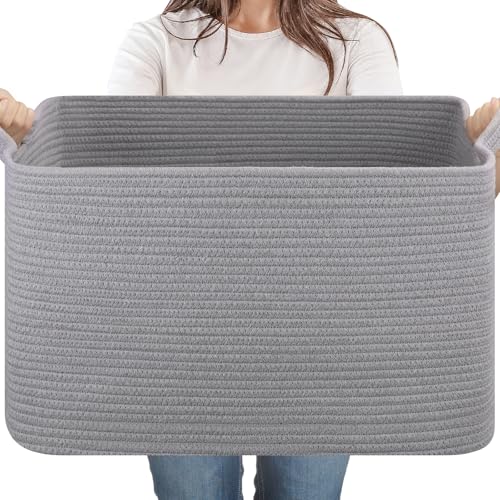 65L Large Woven Blanket Basket for Living Room, 19.7"x15.7"x11.8" | Nursery Laundry Hamper with Handle for Organizing Blankets, Pillows, Toy Storage With Handle, Large Baskets for Organizing - color: Light Grey, size: 19.7"x15.7"x11.8"
