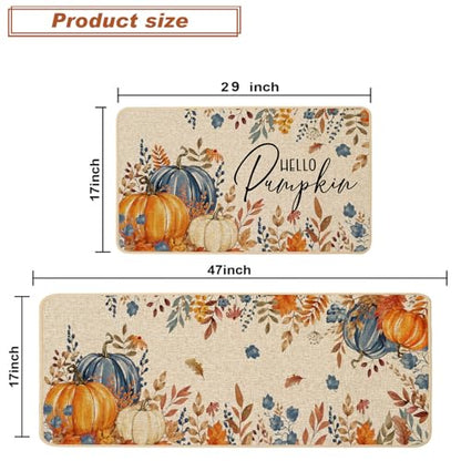 Baccessor Fall Pumpkin Kitchen Rugs Set of 2, 17x29 and 17x47 Inch - color: Blue Floral