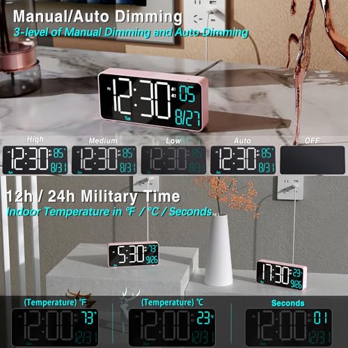 KOSUMOSU Alarm Clocks for Bedrooms, 6.7in Small Digital Clock, Auto Dimming, Room Temperature, Day of The Week, Date, Seconds, Digital Clocks for Living Room, Alarm Clock - color: Pink (White + Blue Digits)