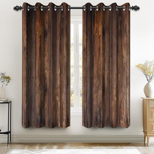 Renaiss Rustic Old Brown Window Curtains Vintage Wood Barn Door Curtains - color: Brown, size: 42"W x 63"L (Pack of 2)