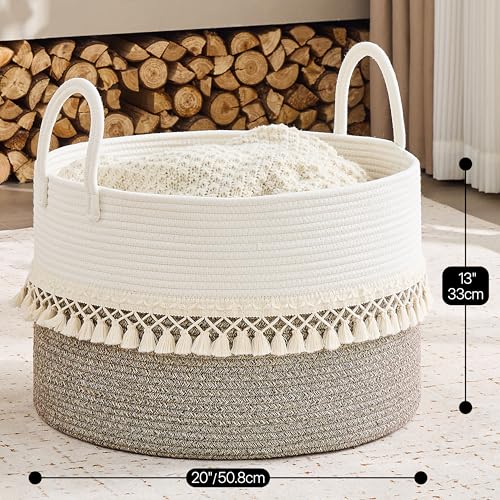 KAKAMAY Large Blanket Basket with Handles, Storage Basket for Living Room - color: Beige Fringe
