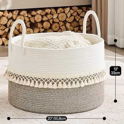 KAKAMAY Large Blanket Basket with Handles, Storage Basket for Living Room - color: Beige Fringe