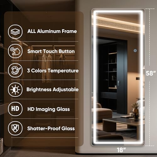 Antok 58"x18" LED Full Length Mirror, Lighted Floor Mirror, Rect - size: 58"L x 18"W, style: Rect Style