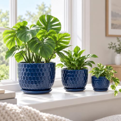 Ceramic Flower Pots with Drainage Hole and Saucer, North European Style Round Indoor Succulent Planters with Honeycomb Inspired Texture Design, Small to Medium-Sized, Set of 3, Navy Blue - size: 6.4"+5.2"+3.7" - Set of 3, style: Modern