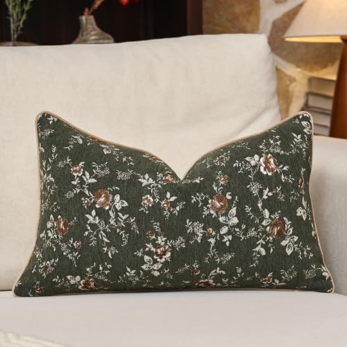 Spring Flower Lumbar Throw Pillow Cover 12x20 Inches Green Vintage Floral Pillow Cover Farmhouse Summer Cushion Cover Leaf Retro Pillowcase Home Decor for Sofa Living Room Couch - color: Sage Green, size: 20" x 12" (Pack of 1)