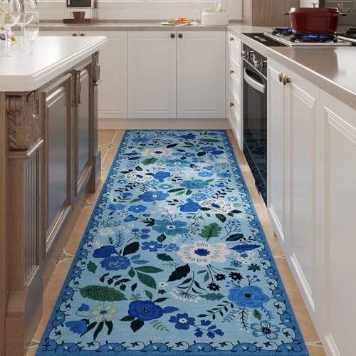 Rugcomf 2x5 Rug Runner - Floral Machine Washable Kitchen Rug, Non-Slip Low Pile Boho Carpet for Hallways, Laundry, Entryway, Bedroom, Bathroom - Black - color: Black, size: 2' x 5' (Rectangular)