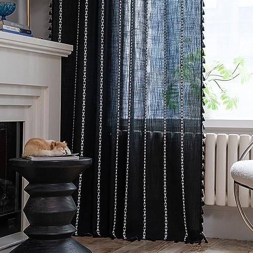 Sutuo Home Boho Curtains for Bedroom Living Room Kitchen, Semi Blackout Linen Farmhouse Shabby Chic Tassels Window Treatment Bohemian Embroidery Drape, Rod Pocket 1 Panel 52" W x 96" L, Black - color: Black Stripes, size: 52"W x 96"L (Pack of 1)