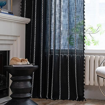 Sutuo Home Boho Curtains for Bedroom Living Room Kitchen, Semi Blackout Linen Farmhouse Shabby Chic Tassels Window Treatment Bohemian Embroidery Drape, Rod Pocket 1 Panel 52" W x 96" L, Black - color: Black Stripes, size: 52"W x 96"L (Pack of 1)