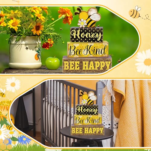 Britimes Tiered Tray Decor Set, 4 Pack, Wooden Table Sign, Bee Daisy - style: Bee
