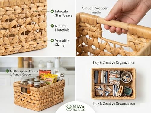NAYA Set of 3M (11.6"x8,9"x6,9") Water Hyacinth Shelf Storage Baskets - size: Set 3 Medium