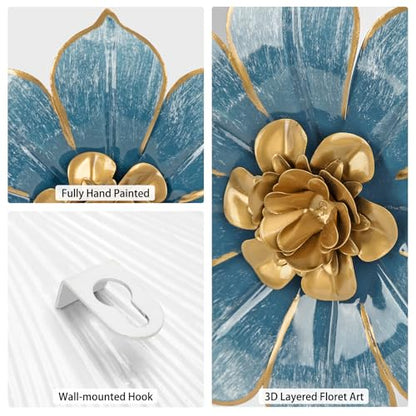 Villa Como Set of 3 Blue and Gold Metal Flowers Wall Art Decor 10" - color: # 3 Blue and Gold