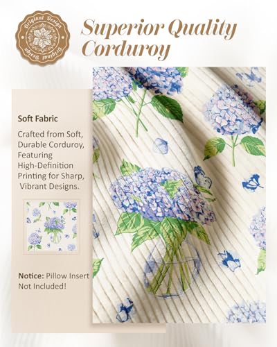 Corduroy Throw Pillow Covers 18x18 - Set of 2 Decorative Spring Floral Pillow Covers with Zipper Farmhouse Decor Cottage Throw Pillowcases for Couch Sofa Living Room Home Bedroom, Hydrangea - color: Hydrangea, size: 18" x 18" (Pack of 2)