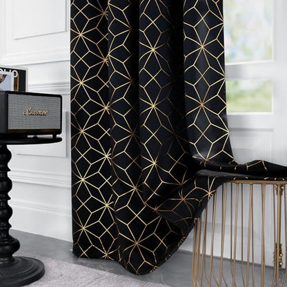 Beauoop Black Gold 100% Blackout Curtains for Bedroom 50x108 2 Panels - color: Black/Gold, size: 50"W x 108"L (Pack of 2)