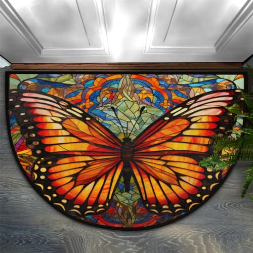 cfpolar Half Round Door Mat Semi Circle Non-Slip Bathroom Floor Rug, Beautiful Butterfly Outdoor Welcome Entrance Way Mat Indoor Absorbent Kitchen Mat for Bedroom,Patio,Garage,Home 36" x 24" - color: A-03