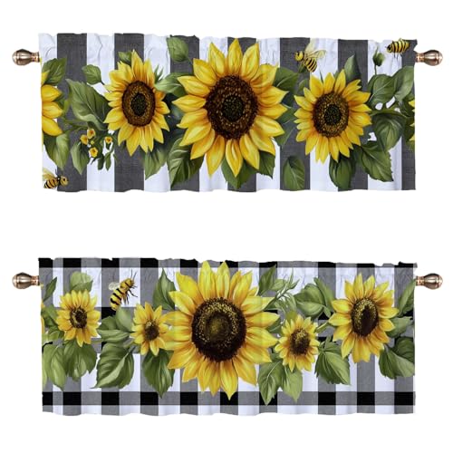 Sunflowers Valance Curtains 2 Pack Buffalo Plaid Spring Summer Valance for Kitchen Windows Bathroom Living Room Bedroom Window Treatment Valances 54x18 inch - color: Sunflowers