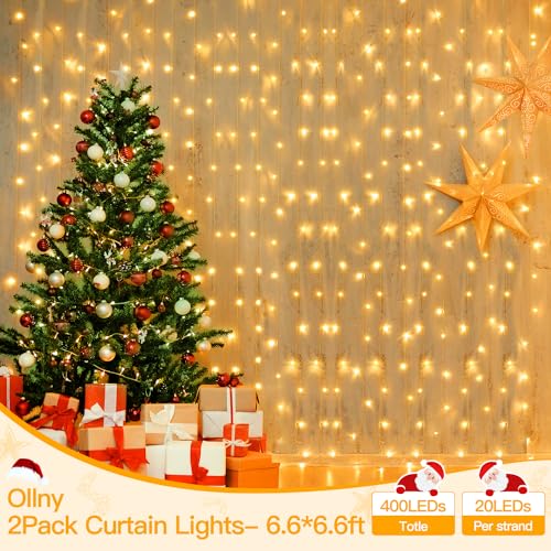 Ollny 2 Pack Curtain Lights, 400LED 6.6x6.6ft Fairy Lights with Remote - color: Warm White, size: 400 LED