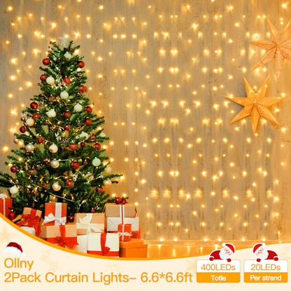Ollny 2 Pack Curtain Lights, 400LED 6.6x6.6ft Fairy Lights with Remote - color: Warm White, size: 400 LED