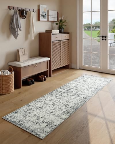 Unirea 2x6 Grey White Runner Rug, Washable Non Slip Vintage Rug for Hallway, Kitchen, Bathroom, Laundry Room, Entryway, Bedroom, Soft Boho Door Mat Indoor Entrance Bug Rugs, Low Pile Carpet - color: Light Grey/White, size: 2x6 Feet