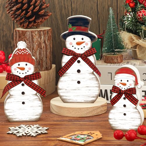 3 Pcs Christmas Snowman Wooden Table Decorations Winter Snowman Tabletop Centerpiece Wood Block Sign Rustic Farmhouse Xmas Tiered Tray Decor for Christmas Winter Holiday Home Office Shelf Party Decor